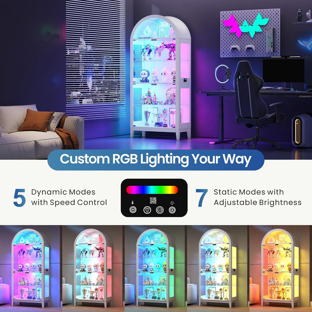 Lvifur Display Cabinet with - Glass Doors,Arched Curio Cabinet with RGB Lights for Collectibles,5-Tiers Tall Display Case with Human Sensor,Showcase Cabinet with Glass Shelf for Living Room (White)