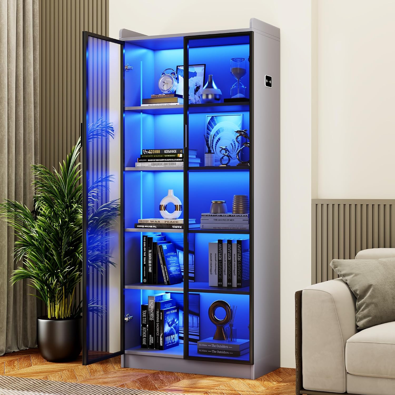 Dystler 65' Tall Display Cabinet with Doors, Lighted Bookcase with Lights/Human Sensor, 5 Tier Display Case with Adjustable Shelves for Collectibles Bedroom Living Room Office, Grey-Smoked Black Door
