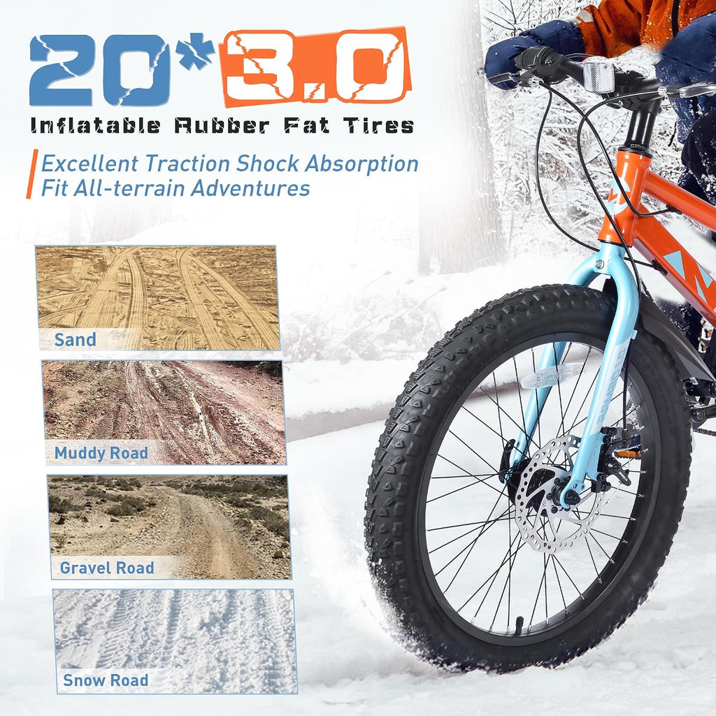 WEEROCK Kid Bike 20/24 Inch Kids MTB Child Mountain Bicycle with 7 Speeds, Steel Frame,20/24 * 3.0 Inch Fat Tires for 5+ Years Old Boys, Girls, Children,Students, Junior, Multip Color