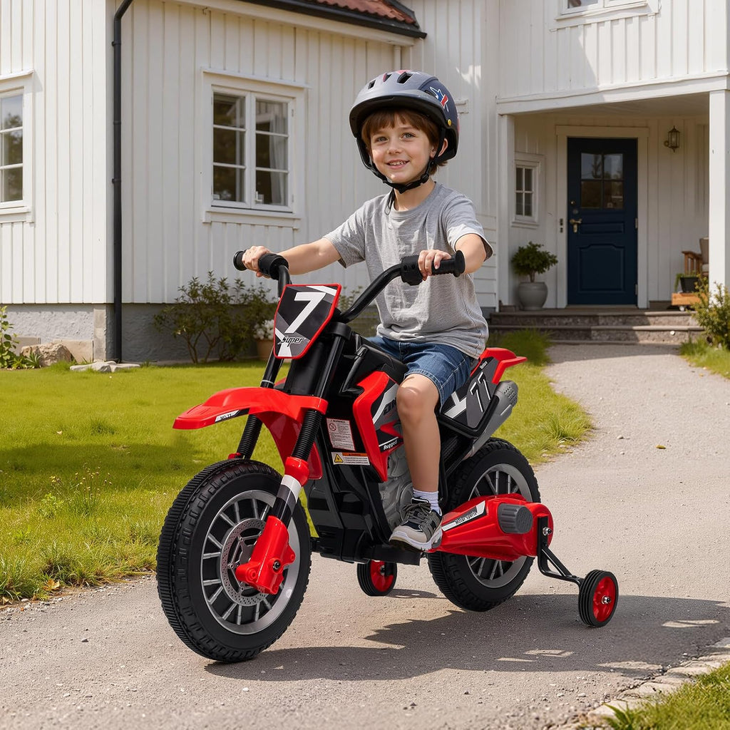12V Kids Motorcycle w/Treaded Tires, 3.1mph Top Speed Electric Bike for Kids, Training Wheels, Music & Bluetooth, Spring Suspension, Age 3-8 Year Old, Red
