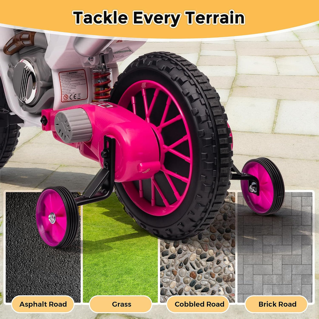 Toddler Motorcycle Kids Dirt Bike TOBBI 12 Volt Battery Powered Ride On Toys Electric Motorbike w/Training Wheels Gift for Boys Girls Ages 3-8 Years, Rose Pink