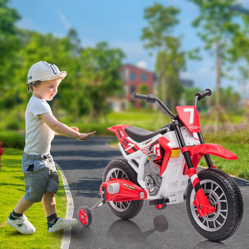12V Electric Ride On Motorcycle for Kids Battery Powered Electric Dirt Bike Birthday Presents for Kids with Training Wheels 2 Speeds Music Player Shock Absorber, Red