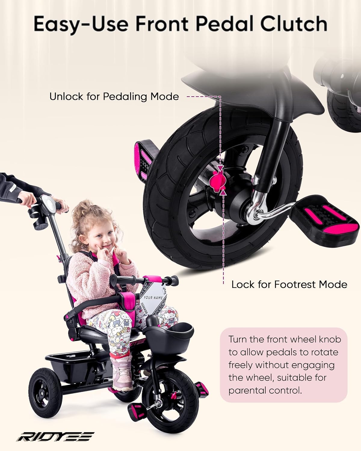 RIDYEE 7-in-1 Tricycle for 18 Months to 5 Years, All-Terrain Rubber Tires, Dual Wheel Brakes, Rotatable Seat for Toddlers 1.5-3, Tricycle for 3-5 Years with DIY Stickers, Pink