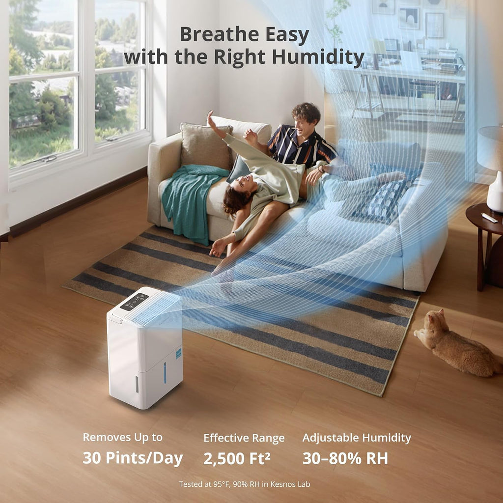 Kesnos 2,500 Sq. Ft. Energy Star 2025 Dehumidifier for Home & Basement, Ideal for Bedroom with Ultra Quiet 36 dB, 0.39-Gallon Water Tank with Drain Hose, 4 Pre-Set Modes, Auto Defrost, Timer