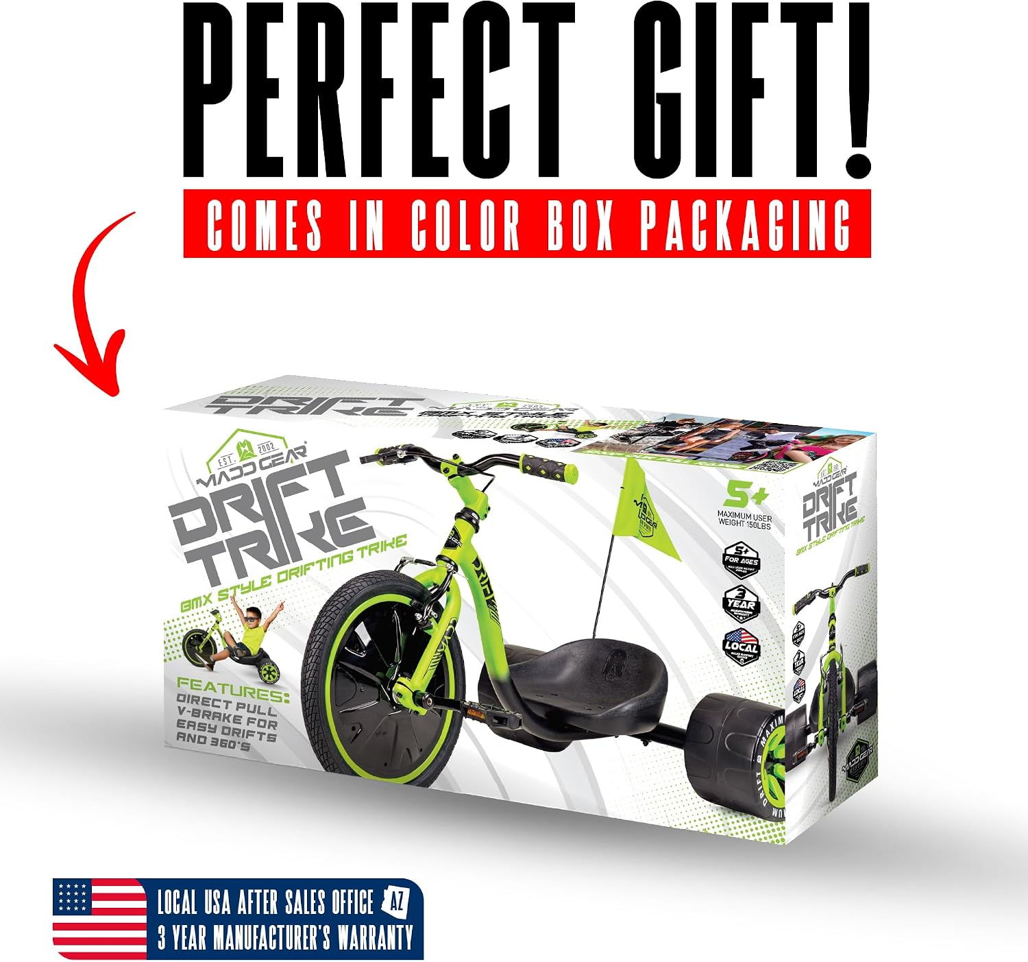 Drift Trike for Kids Ages 5+ 16' Front Wheel Ride-On with Adjustable Seat, Steel Frame, Rear Slick Drift Wheels & Safety Flag – Madd Gear Green Black