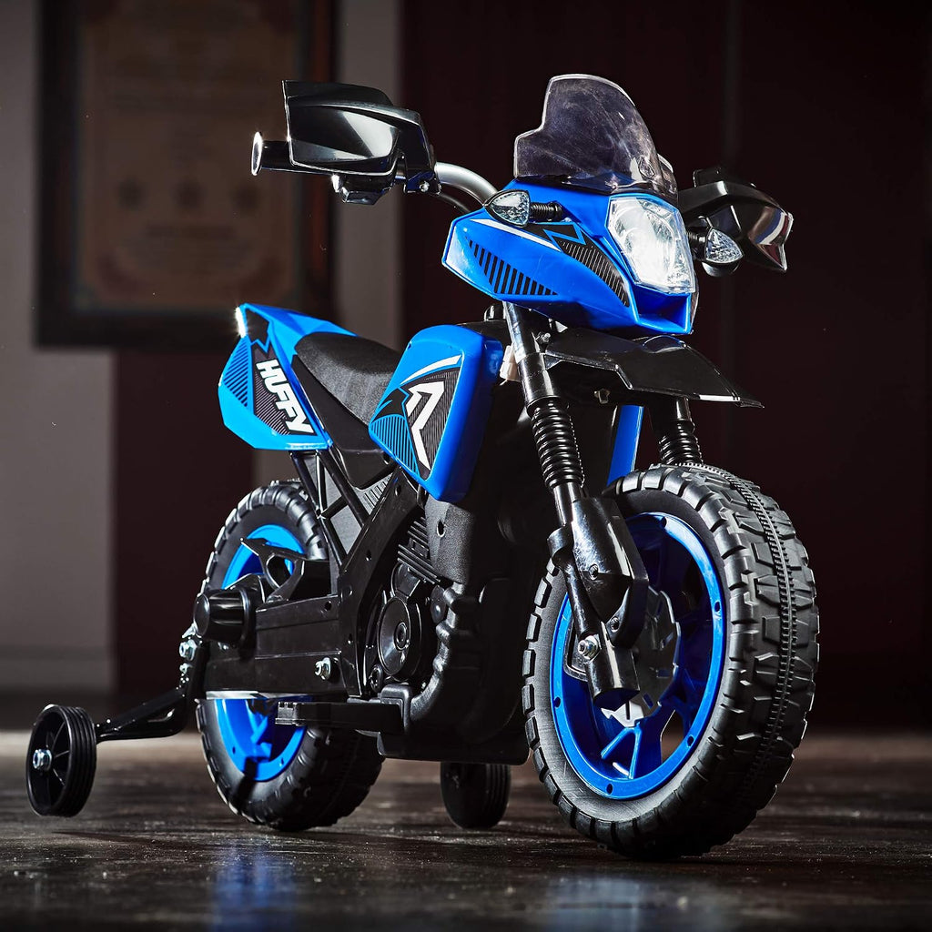 Huffy Ride On Motorcycle for Kids, Ideal for Ages 2-5 Years, 6V Rechargeable Battery, Training Wheels, Realistic Engine Sounds, Max Weight 65lbs, 2 MPH, Blue