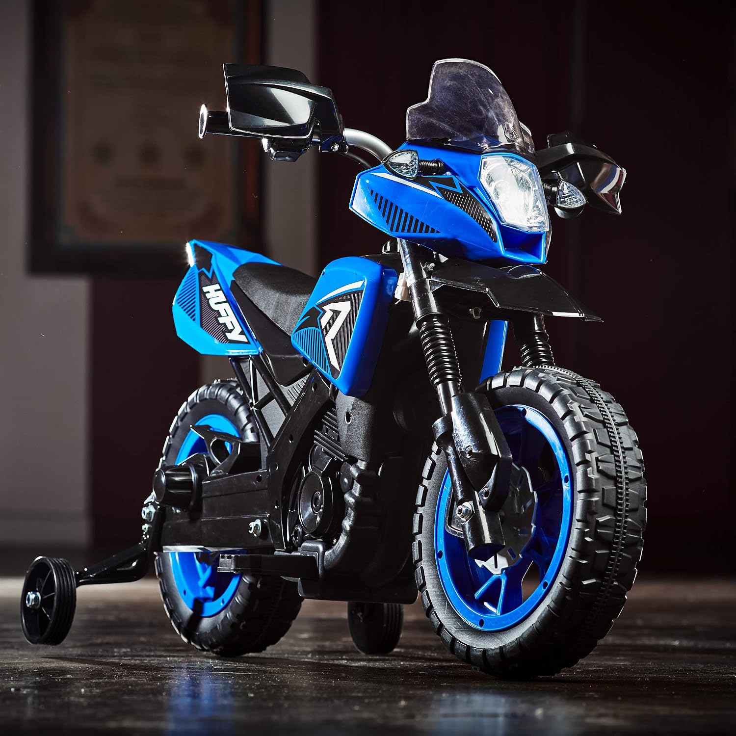 Huffy Ride On Motorcycle for Kids, Ideal for Ages 2-5 Years, 6V Rechargeable Battery, Training Wheels, Realistic Engine Sounds, Max Weight 65lbs, 2 MPH, Blue