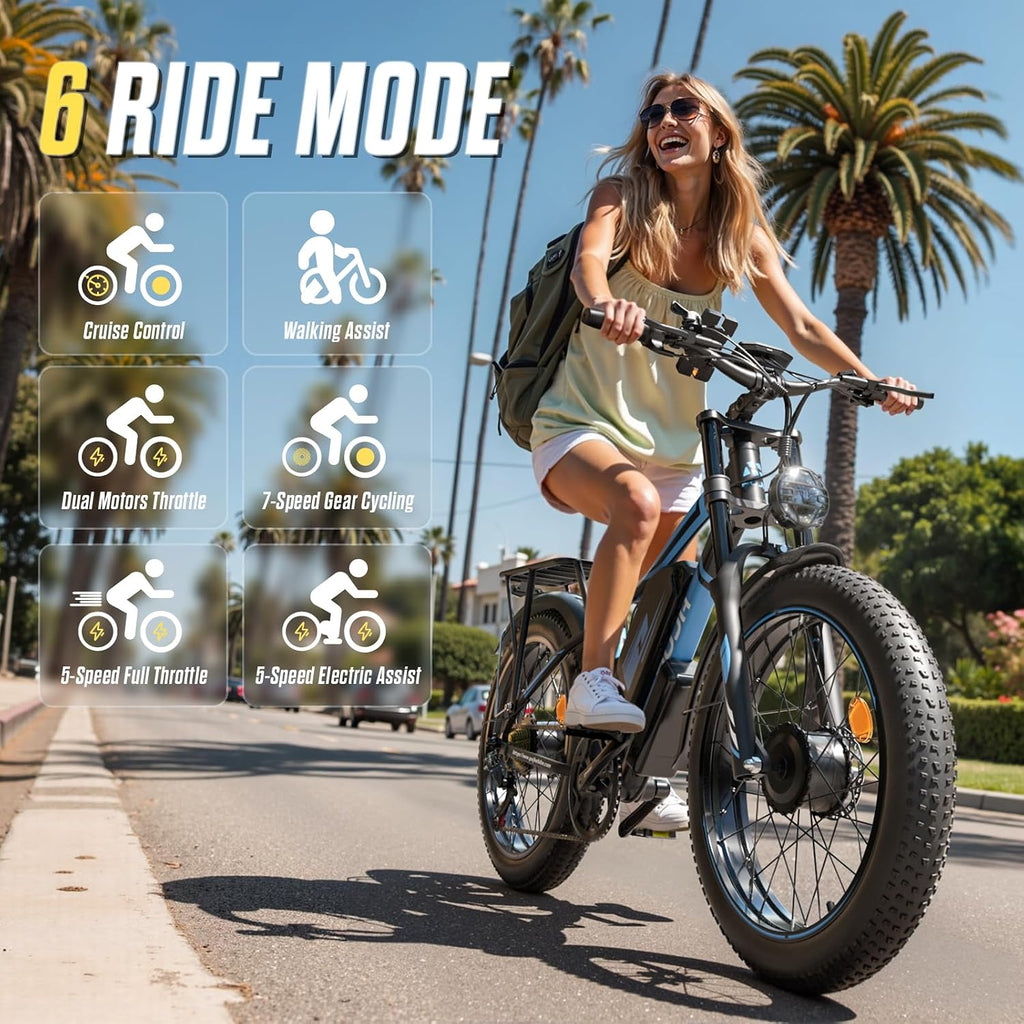 6000W Dual Motor Electric Bike, Ebikes for Adults Max 38-50MPH Up to 100 Miles Range, 60V 20Ah Removable Battery with 24/26' Fat Tire Electric Bicycles for Men Women, E-Bike for All Terrain PU2