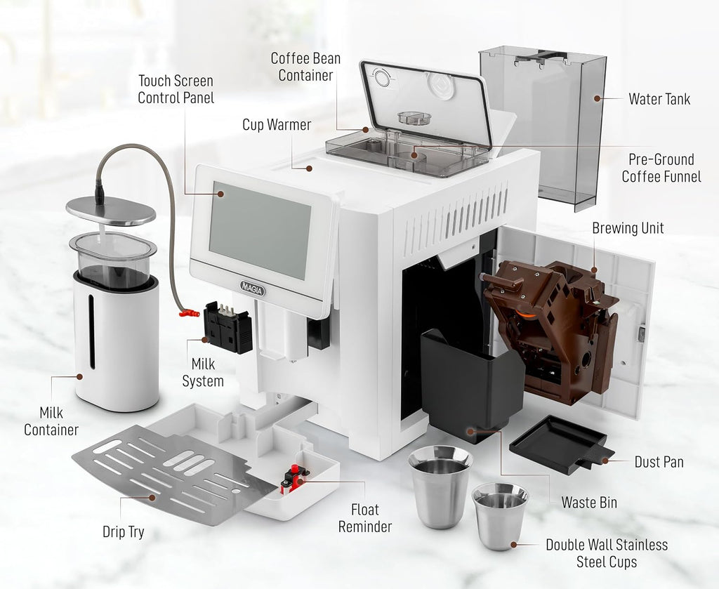 Zulay Magia Super Automatic Espresso Maker Machine with Grinder - 19 Fully Customizable Coffee Options, Auto Cleaning, Milk Foam System - for Latte, Cappuccino - Ultra LUX - White (13.7x17.7x9.4)