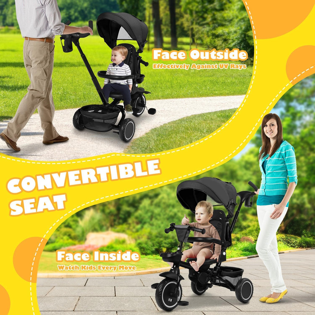 TODEFULL Folding Kids Tricycle, 8 in 1 Toddler Trike W/Removable & Adjustable Canopy, Parent Handle, 5-Piont Harness, Toddler Bike Tricycle for Kids 1-6 Years, EVA Wheels, Storage Basket, Black