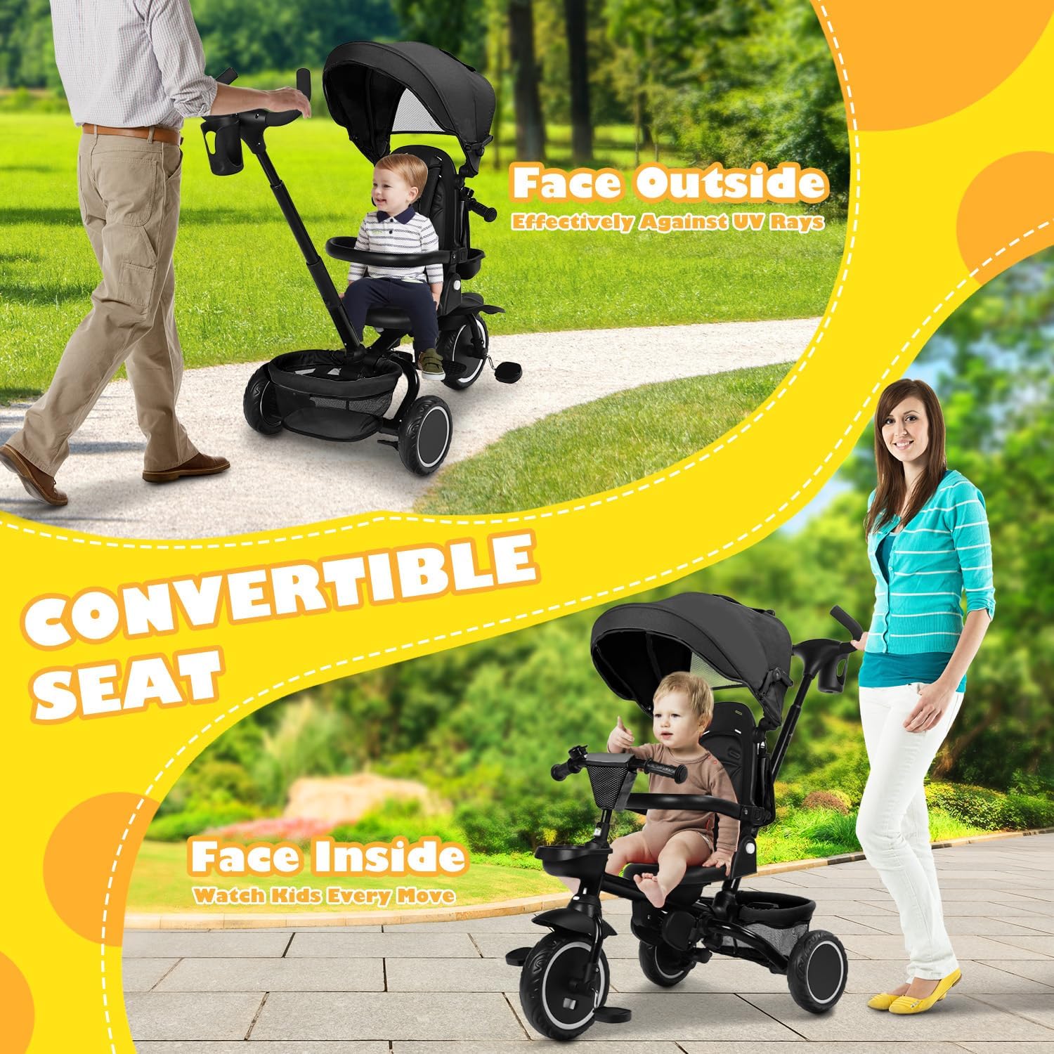 TODEFULL Folding Kids Tricycle, 8 in 1 Toddler Trike W/Removable & Adjustable Canopy, Parent Handle, 5-Piont Harness, Toddler Bike Tricycle for Kids 1-6 Years, EVA Wheels, Storage Basket, Black