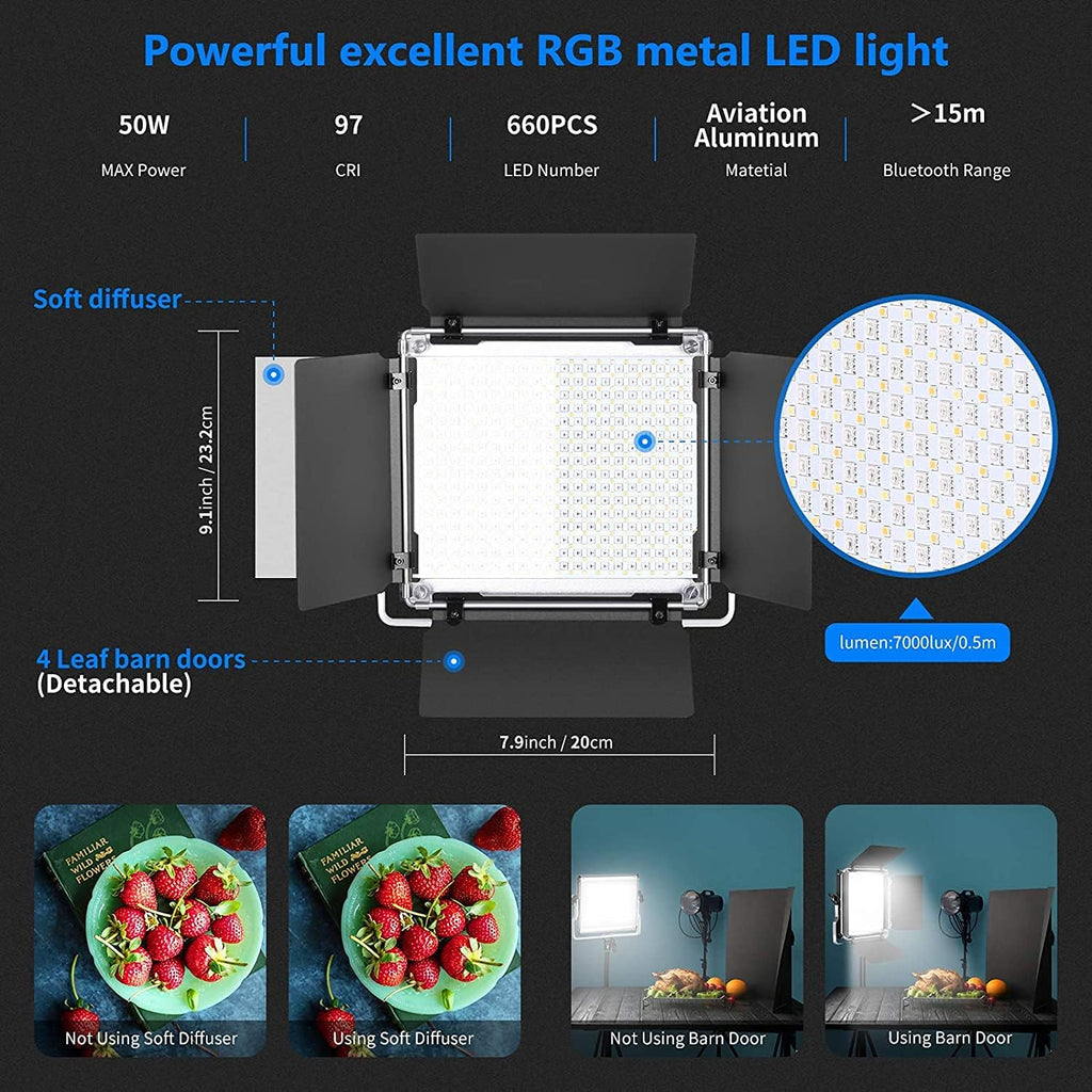 NEEWER 2 Pack 660 PRO RGB LED Video Light with App Control Tripod Stand Kit, Studio Panel Key Lighting for Gaming Streaming Zoom YouTube Webex Photography, 360° Full Color, 50W Dimmable, Bluetooth