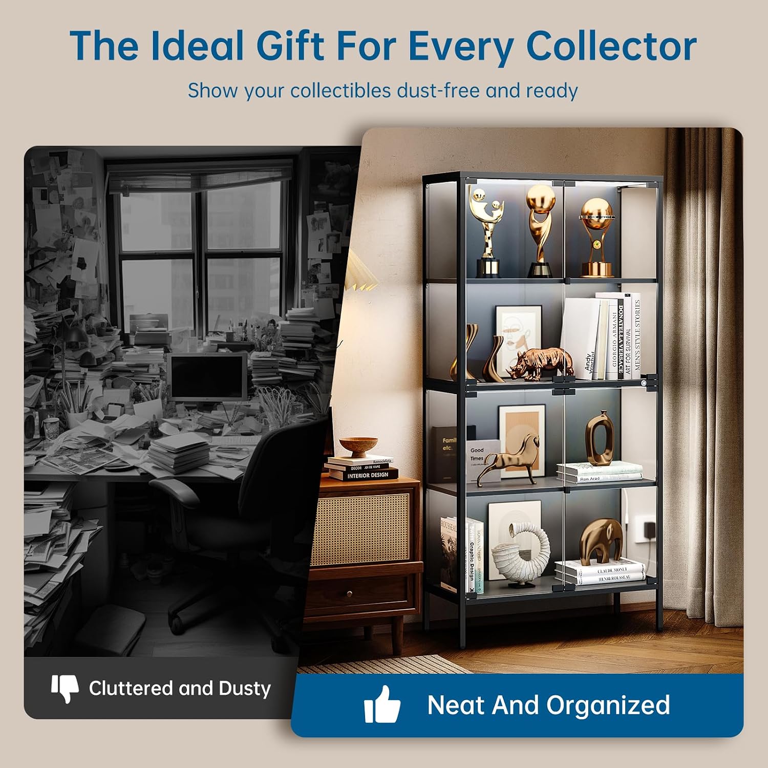 PEUKC 65' Glass Display Cabinet with 3-Color LED Light, Display Case with 4 Tempered Glass Doors and Shelves, Metal Frame Curio Storage Cabinet for Collectibles, Figures, Awards, Book, Toy (Black)