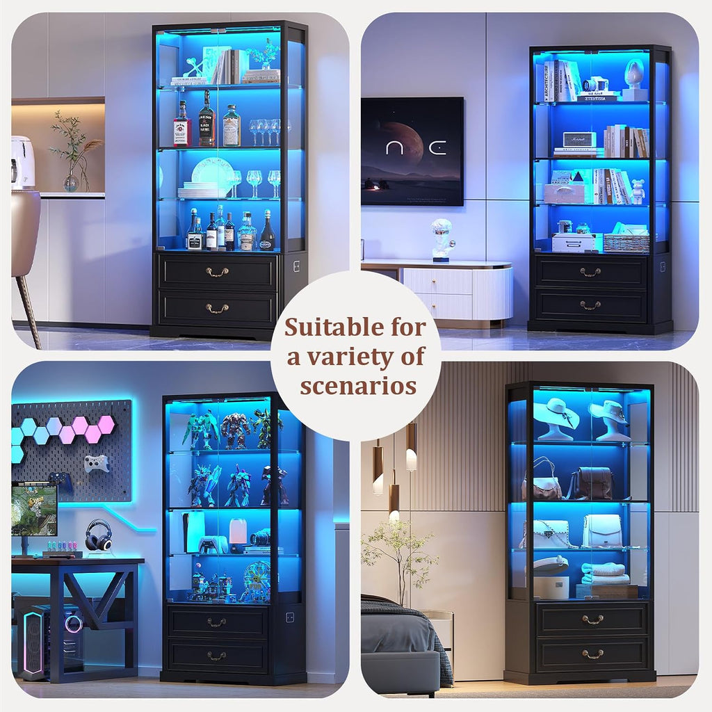 TAGELIER 67' Tall Display Cabinet with Glass Doors and 2 Drawers, Stable Wooden Frame Curio Cabinet with Smart Human Sensor, Led Display Cases for Collectibles and Books, Living Room Office (Black)