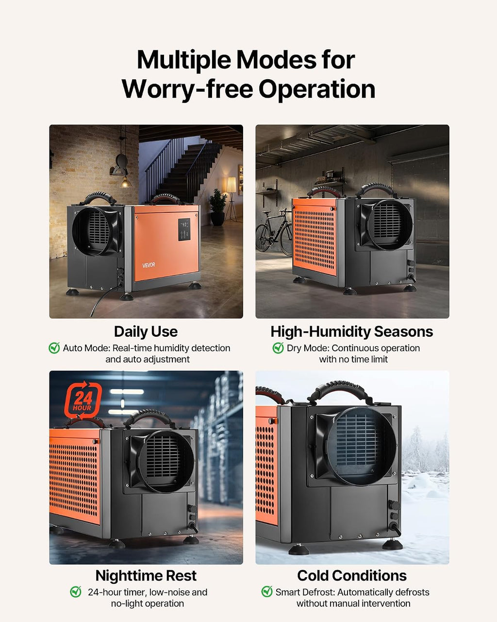 VEVOR 70 Pints Commercial Dehumidifier with Drain Hose, Portable Crawl Space Dehumidifiers for Basement Storage Room Industrial, Auto Defrost/Drainage, Heavy-duty Galvanized Steel, LED Indicate