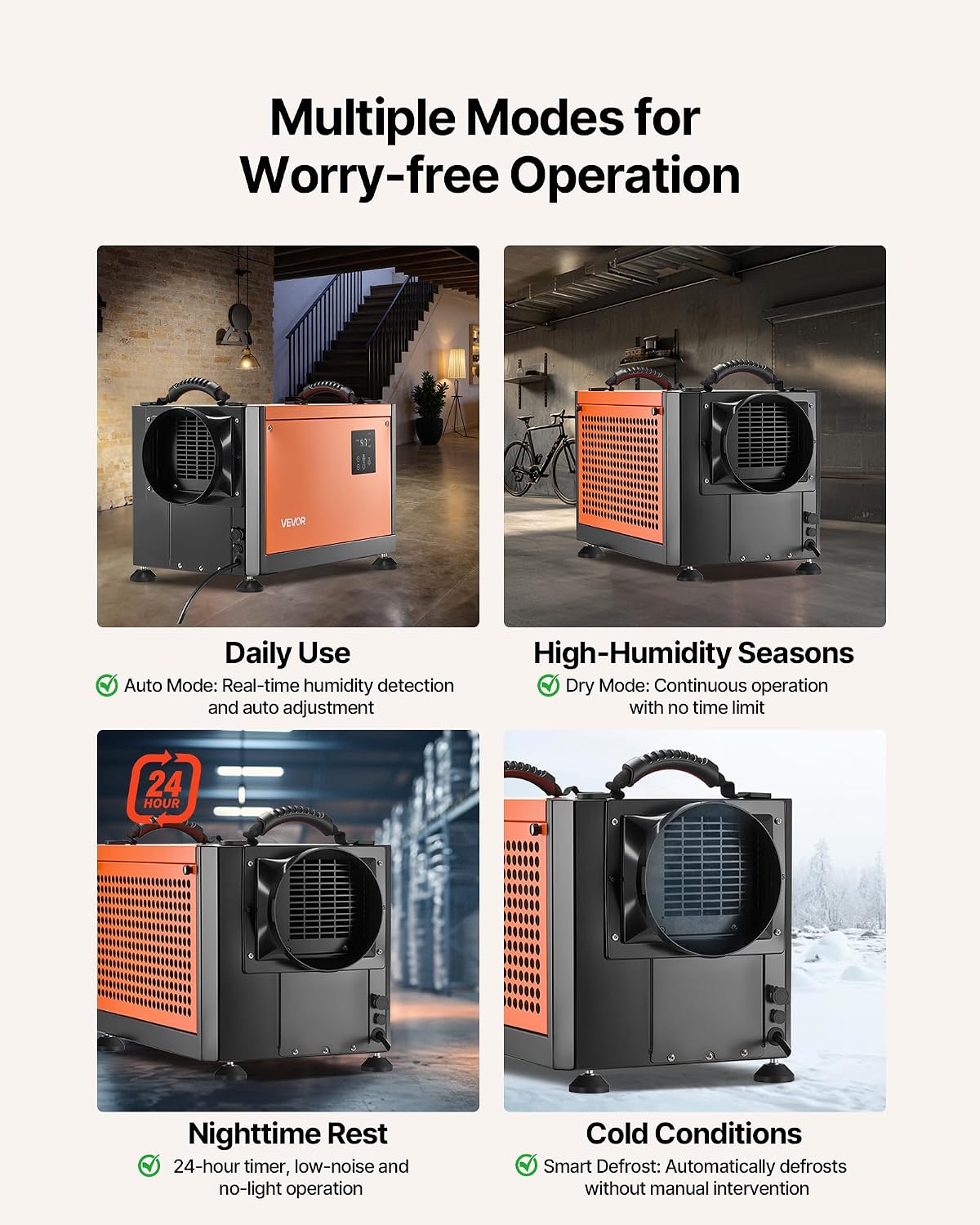 VEVOR 70 Pints Commercial Dehumidifier with Drain Hose, Portable Crawl Space Dehumidifiers for Basement Storage Room Industrial, Auto Defrost/Drainage, Heavy-duty Galvanized Steel, LED Indicate