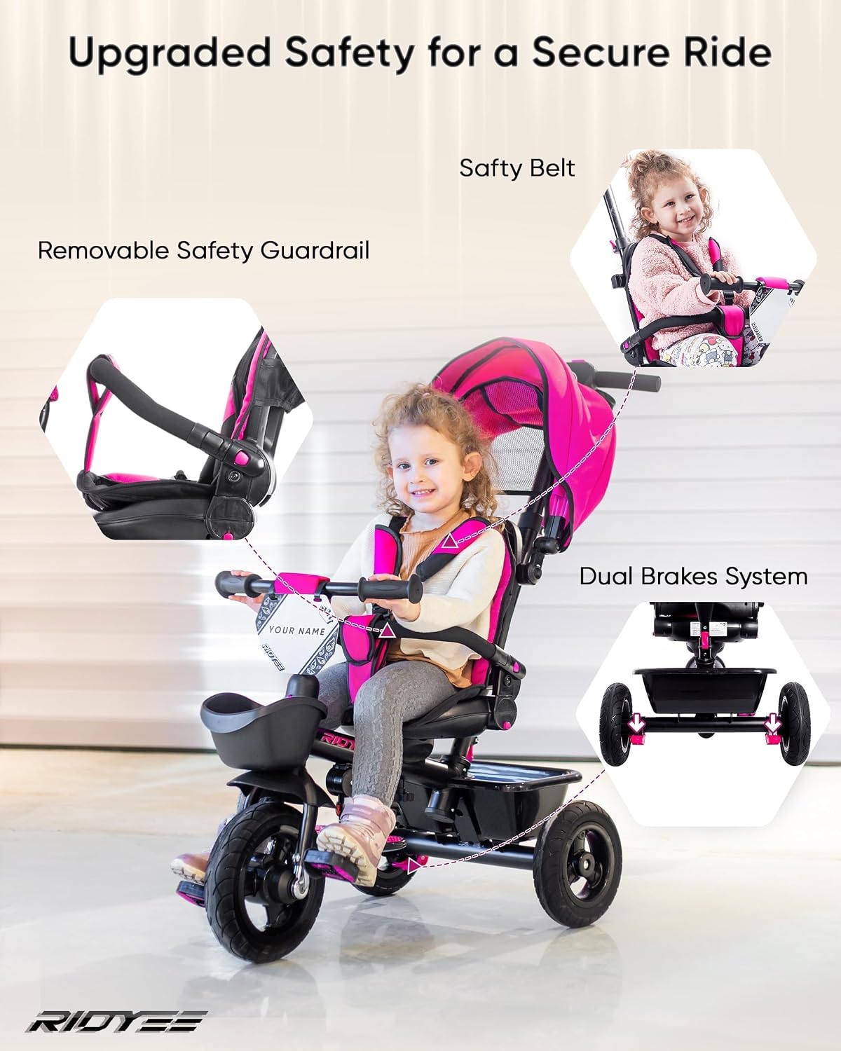RIDYEE 7-in-1 Tricycle for 18 Months to 5 Years, All-Terrain Rubber Tires, Dual Wheel Brakes, Rotatable Seat for Toddlers 1.5-3, Tricycle for 3-5 Years with DIY Stickers, Pink
