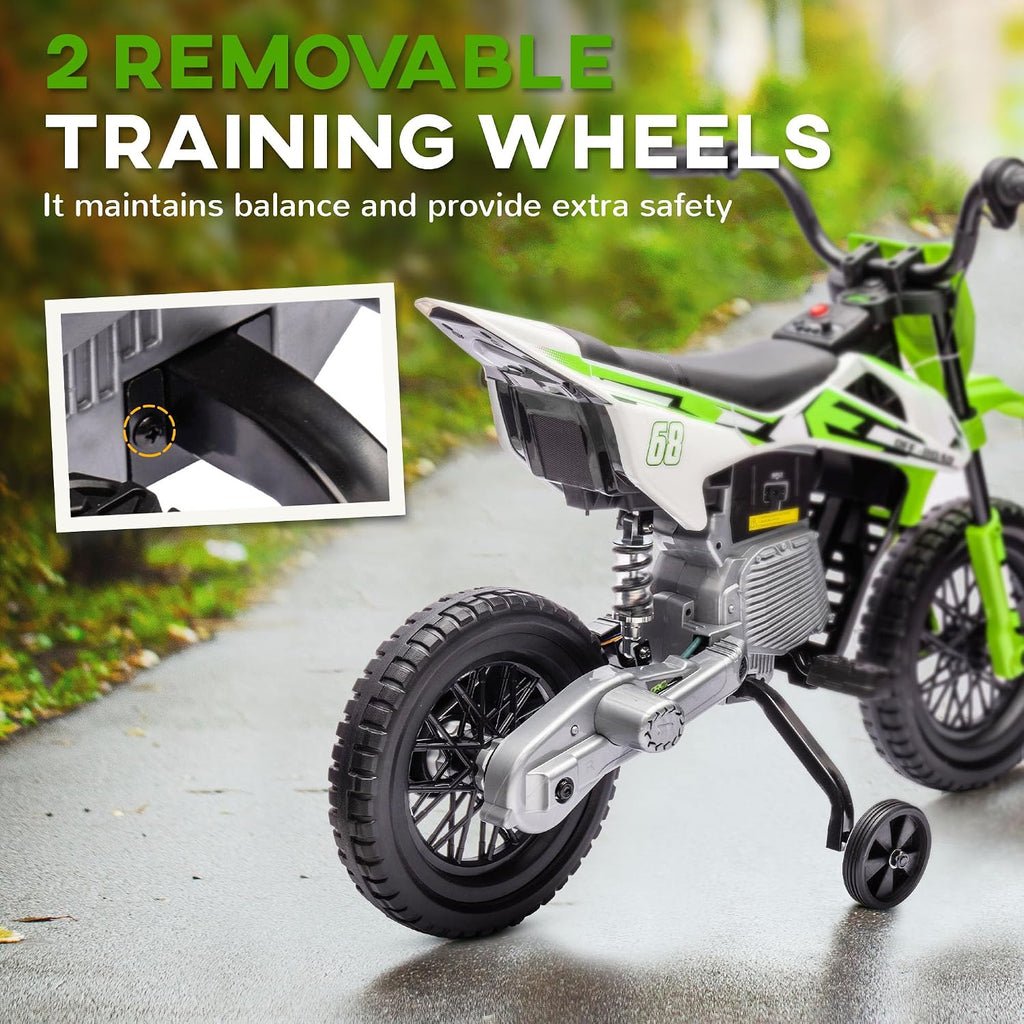 Qaba Kids Dirt Bike with Twist Grip Throttle, 12V Electric Motorcycle, Electric Bike for Toddler with Training Wheels, Spring Suspension & Music, Green