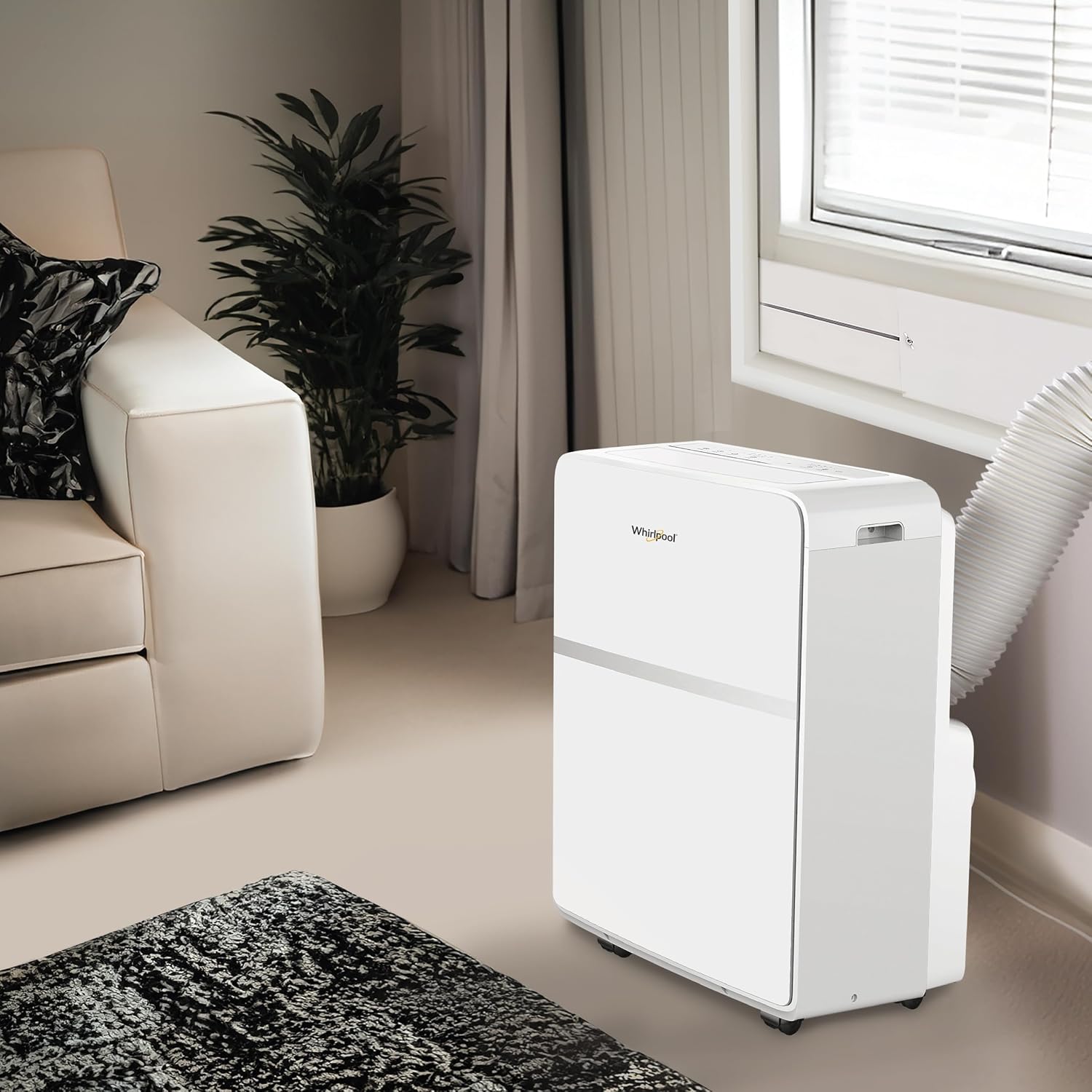 Whirlpool 8,000 BTU Portable Air Conditioner with Dehumidifier for Apartment, Bedroom, Small Rooms up to 200 Sq. Ft., 115V, with 3 Speeds, 24H Timer, and Remote Control, White