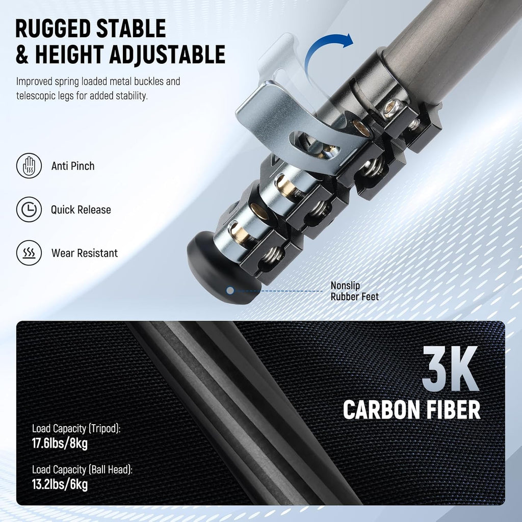 NEEWER 60.4' Travel Tripod Carbon Fiber with Detachable 360° Ball Head, Lightweight Video Camera Stand with Metal Quick Flip Buckle, Arca Type QR Plate Compatible with PD, LT36