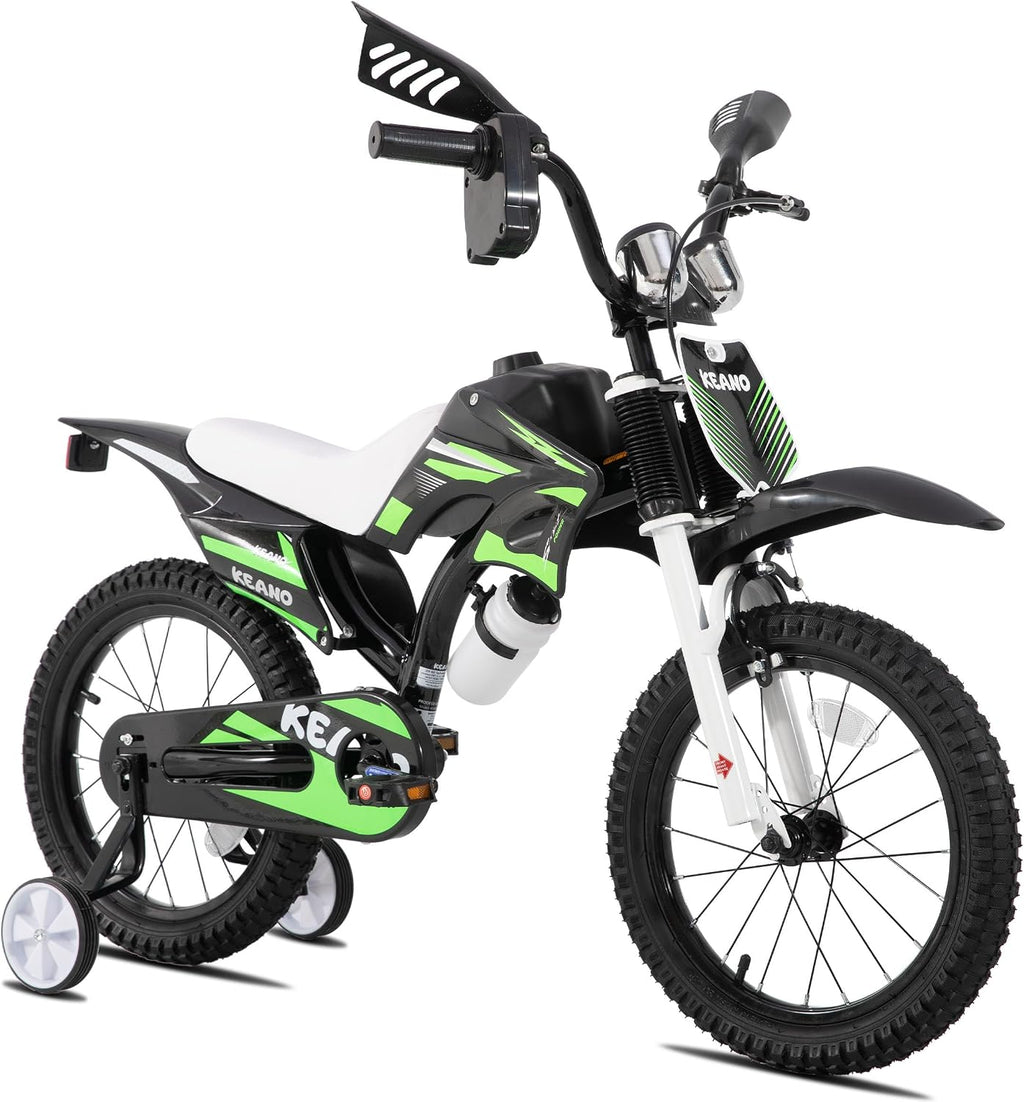 KEANO Motocross Style Kids Bike for Boys Girls Ages 3-7 Years, 12 & 16 Inch Bikes with Training Wheels and Number Plate, Children Bicycles Black