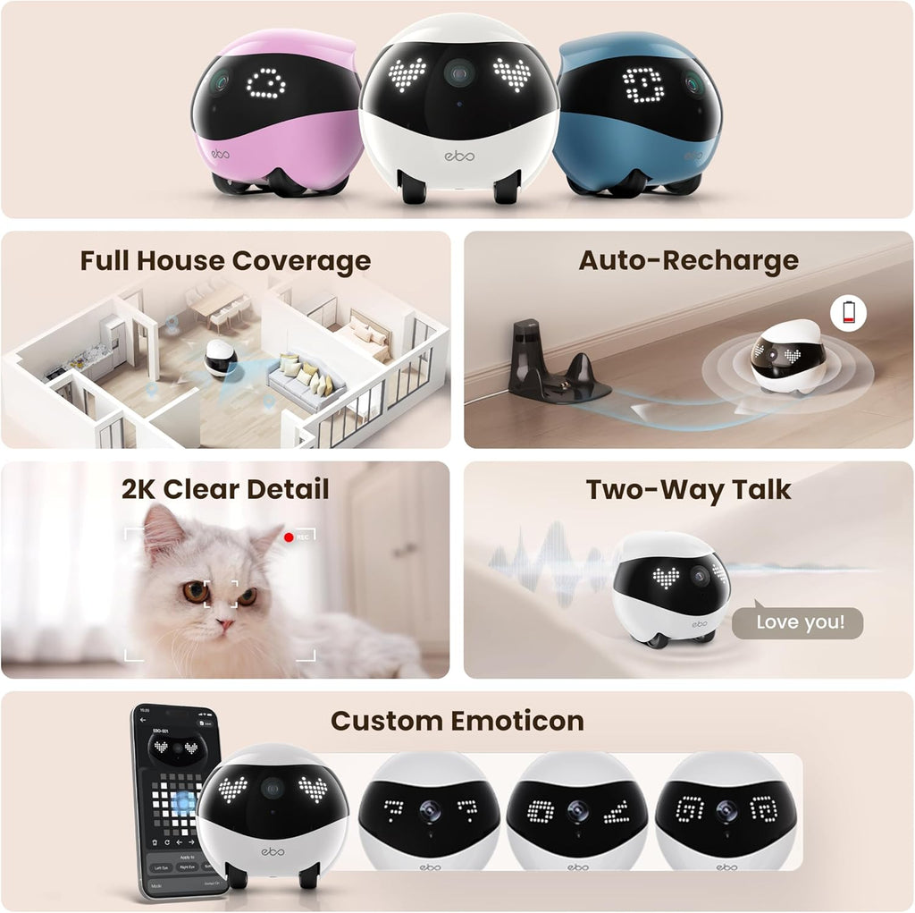 Enabot EBO Air 2 FamilyBot Indoor Security Camera Robot: 2K Pet Camera, Movable Home Robot, Custom Facial Expression, Auto-Recharge, Battery-Operated, 2-Way Talk, Night Vision(Robin Pink)