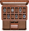 ROTHWELL 12 Slot Leather Watch Box with Valet Drawer - 12 Slot Luxury Watch Case Display Organizer, Microsuede Liner, Mens Accessories Holder, Jewelry Case, Jewelry Display Organizer (Tan/Brown)