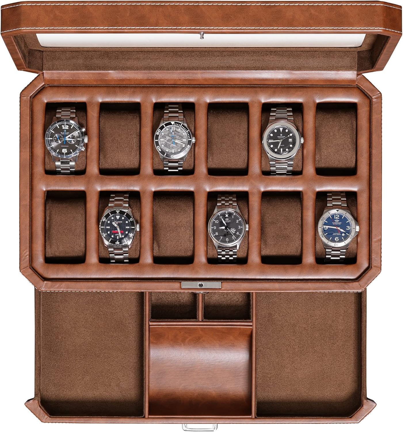 ROTHWELL 12 Slot Leather Watch Box with Valet Drawer - 12 Slot Luxury Watch Case Display Organizer, Microsuede Liner, Mens Accessories Holder, Jewelry Case, Jewelry Display Organizer (Tan/Brown)