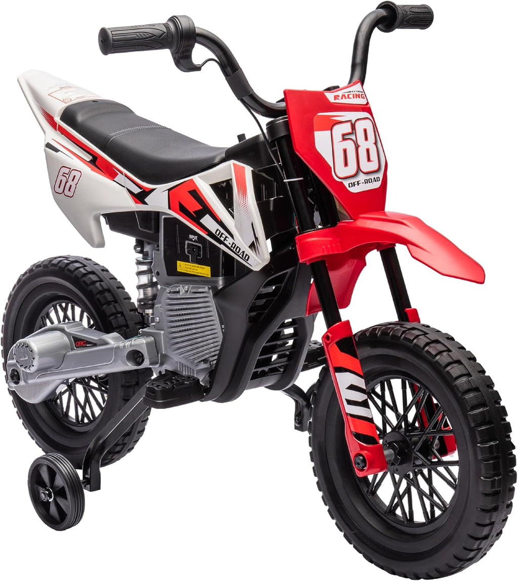 Qaba Kids Dirt Bike with Twist Grip Throttle, 12V Electric Motorcycle, Electric Bike for Toddler with Training Wheels, Rear Suspension & Music for Ages 3-6 Years, Red