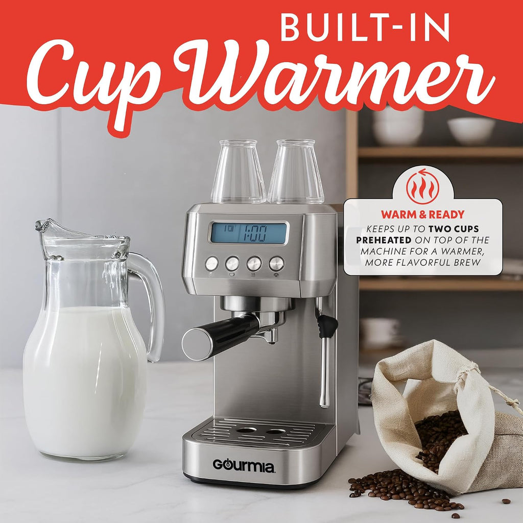 Gourmia Slim Espresso Machine with LCD Screen - Milk Frother, Adjustable Temperature, Manual & Auto Brew, Single/Double Shot, Hot Water Dispenser, Descaling Mode, Compact