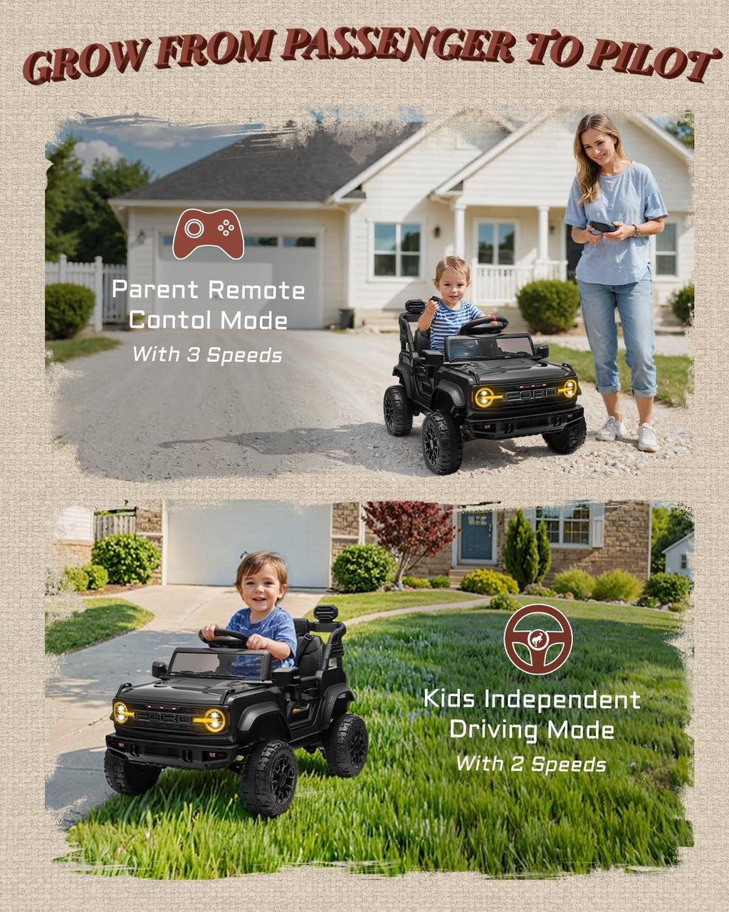 First Ride On 12V Ride on Toys for Kids, Licensed Ford Bronco Raptor Children Electric Vehicles, Toddler Battery Powered Car with Double Doors, 3 Point Safety Belt, Led Lights (12V, Black)