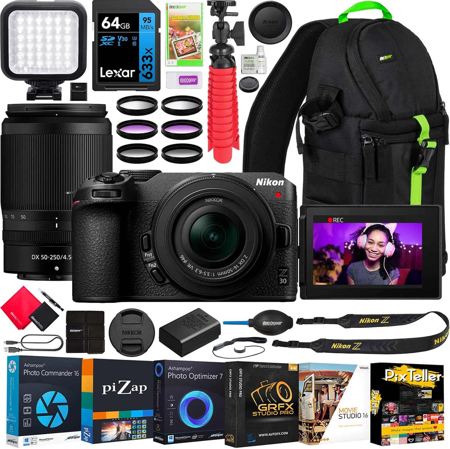 Nikon Z30 Mirrorless Camera with 2 Lens Kit NIKKOR Z DX 16-50mm F3.5-6.3 VR and 50-250mm F4.5-6.3 VR Bundle 1743 w/Deco Gear Photography Backpack + LED + Filter Kit + Tripod + Software & Accessories