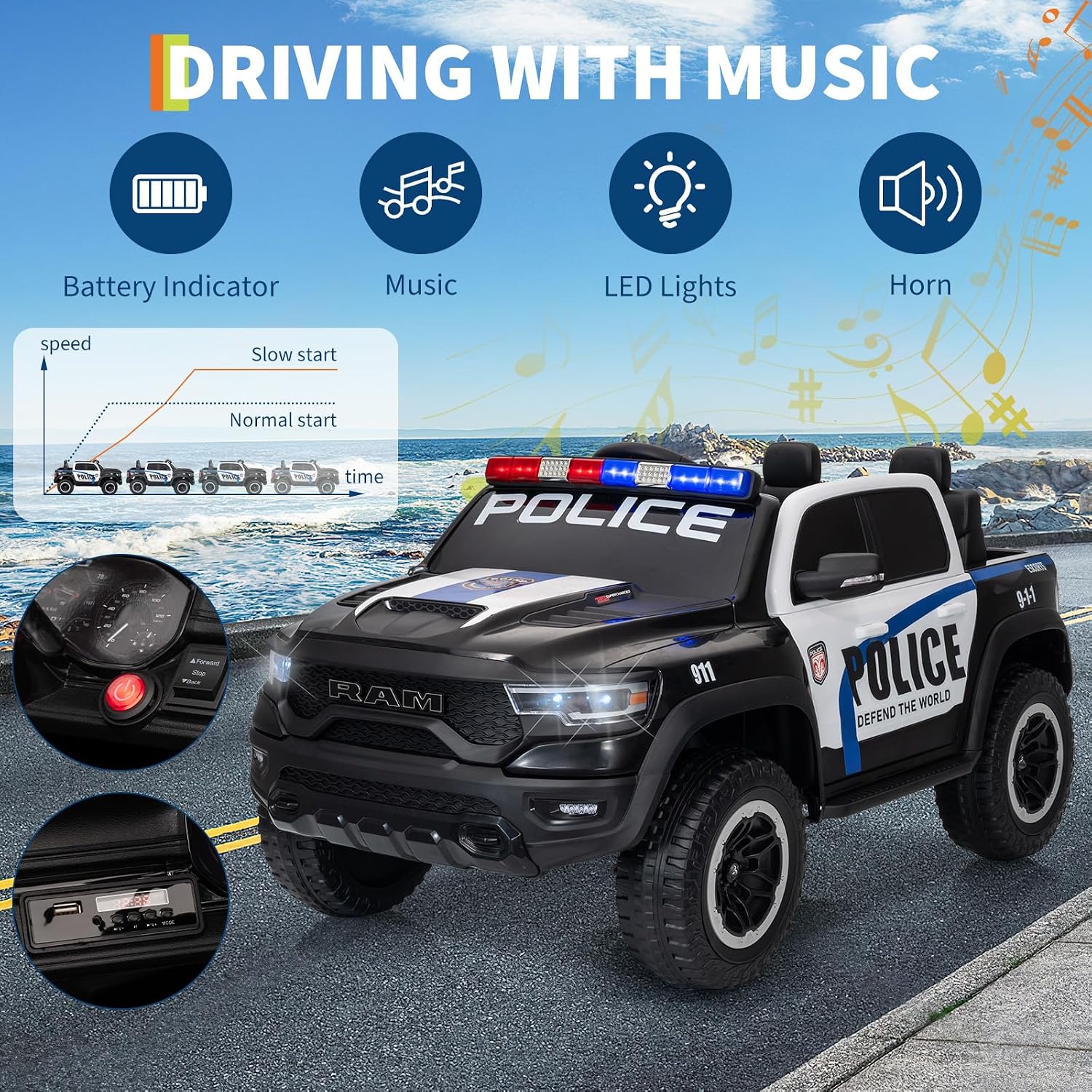 Garvee Ride On Car, Licensed RAM 12V Kids Ride On Police Car with Remote Control, Electric Pickup Truck for Toddlers, 3 Speeds, Spring Suspension, LED Lights & Parent Safety Lock