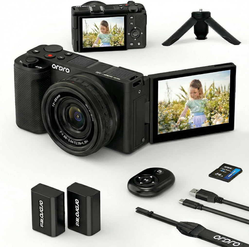 ORDRO 5K Digital Camera for Content Creators and Vloggers, 64MP Vlogging Camera for YouTube, WiFi Cameras for Photography with Flip Touchscreen, Auto-Focus, Wide Angle for Photography, with Stand
