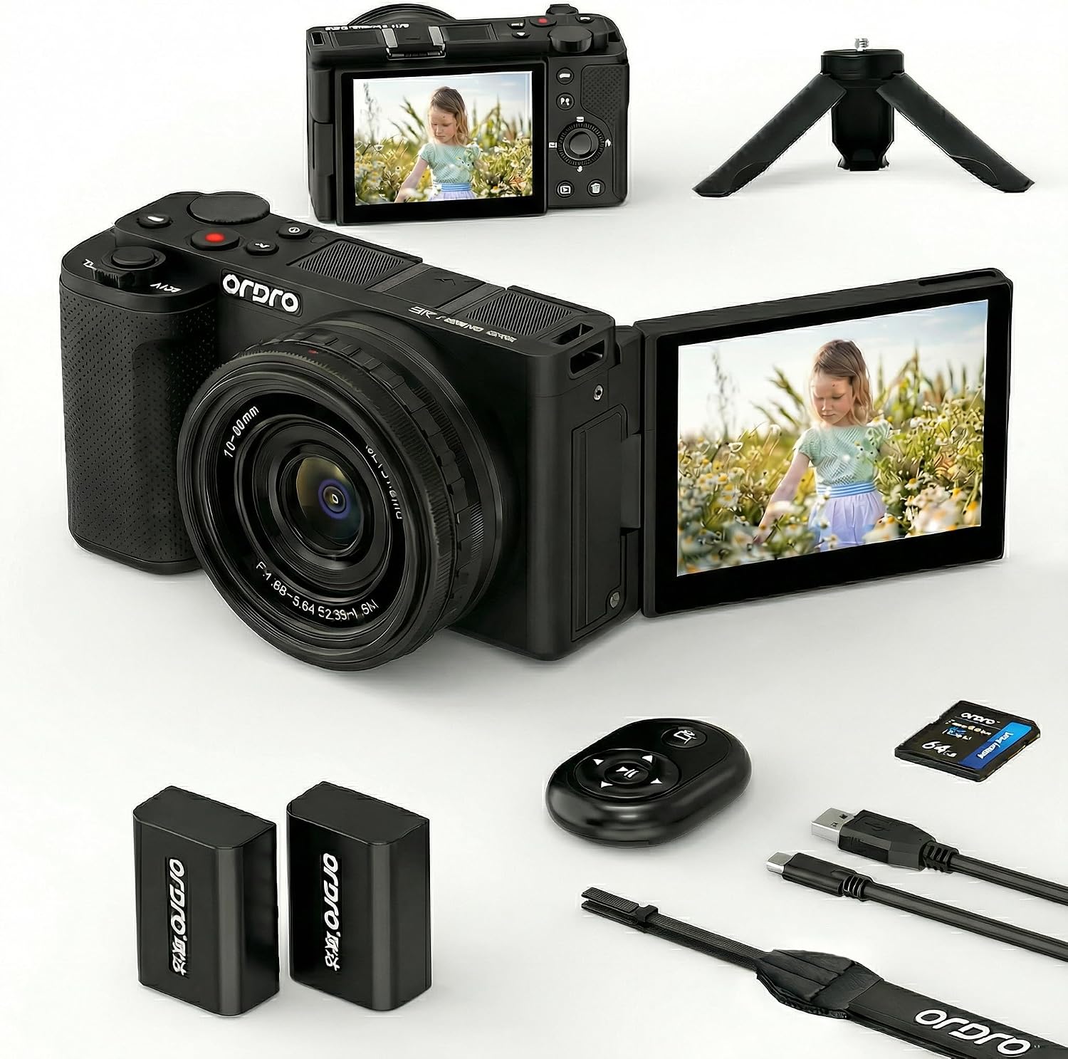 ORDRO 5K Digital Camera for Content Creators and Vloggers, 64MP Vlogging Camera for YouTube, WiFi Cameras for Photography with Flip Touchscreen, Auto-Focus, Wide Angle for Photography, with Stand