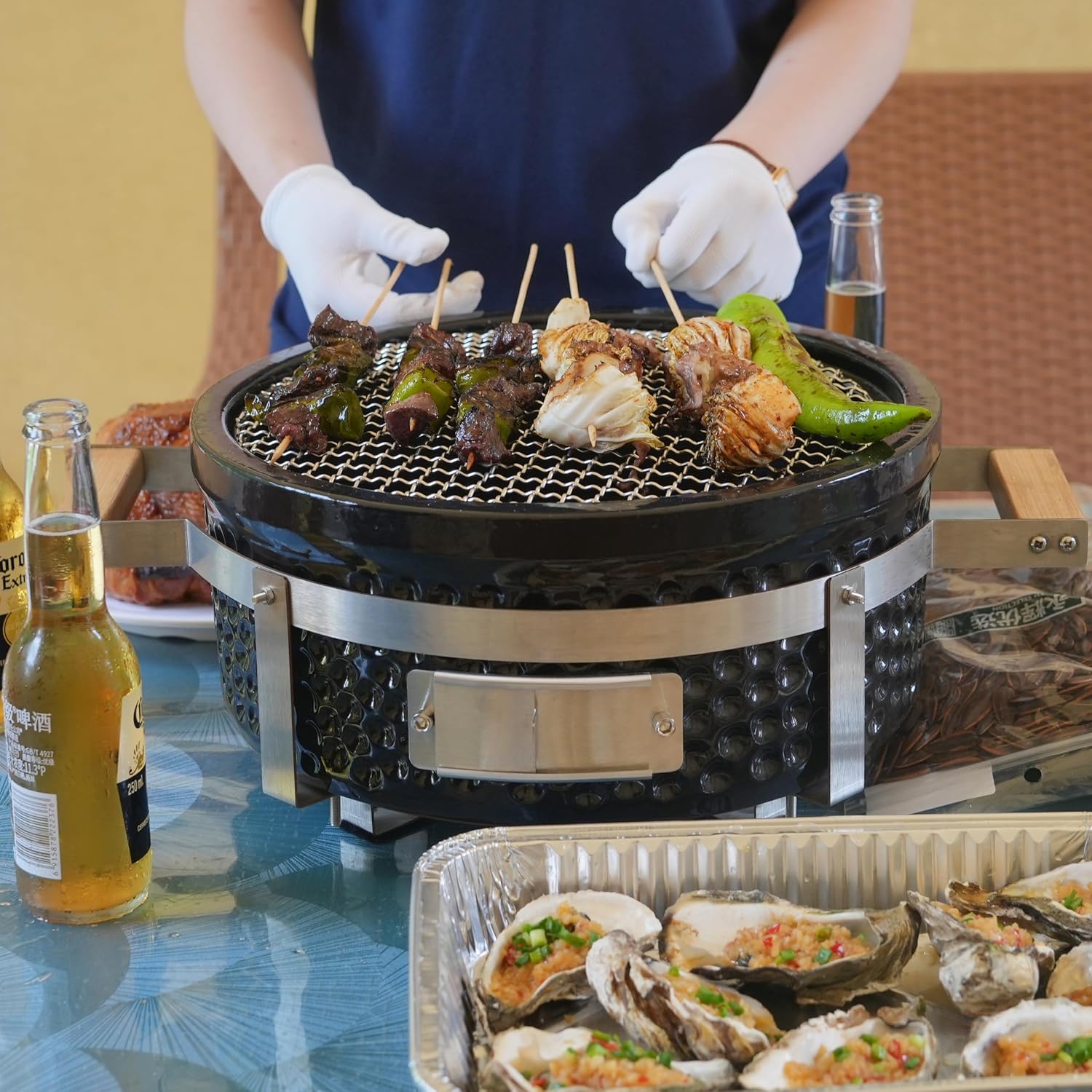 Yakitori Ceramic Charcoal Grill, Japanese Style Tabletop BBQ With Bamboo Heat Shield For Indoor/Outdoor, Round, DIA-14'