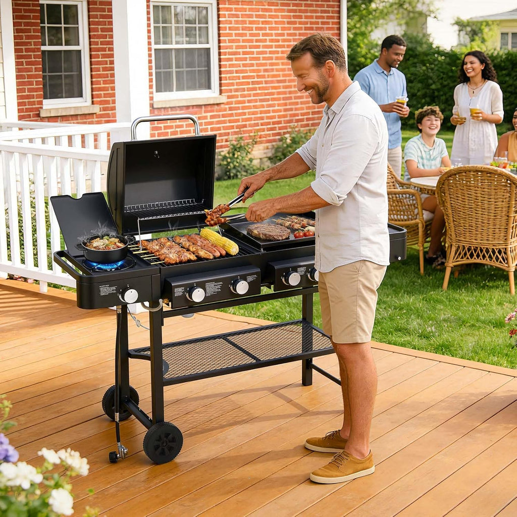 5 Burners Propane Gas Grill and Griddle Combo with Side Burner, 3 in 1 Griddle Grill and Porcelain-Enameled Cast Iron Grates, 56,000 BTU Outdoor Cooking Barbecue Grill, Black