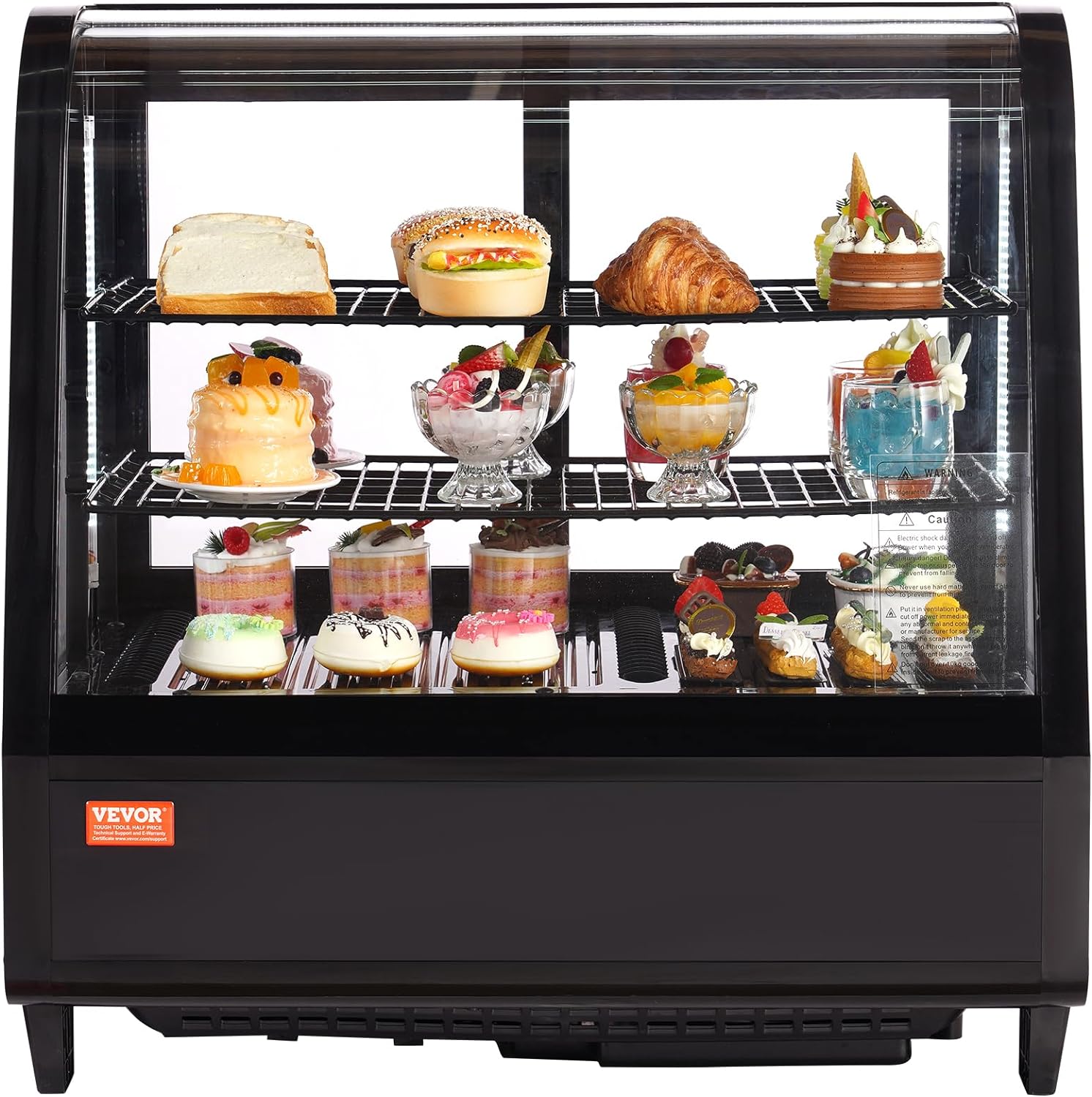 VEVOR 3.5 Cu.Ft Countertop Pastry Case ETL NSF DOE Certified Commercial Display Refrigerator with LED Lighting, Turbo, Frost-Free Air-Cooling, Rear Sliding Door, Curved, Black