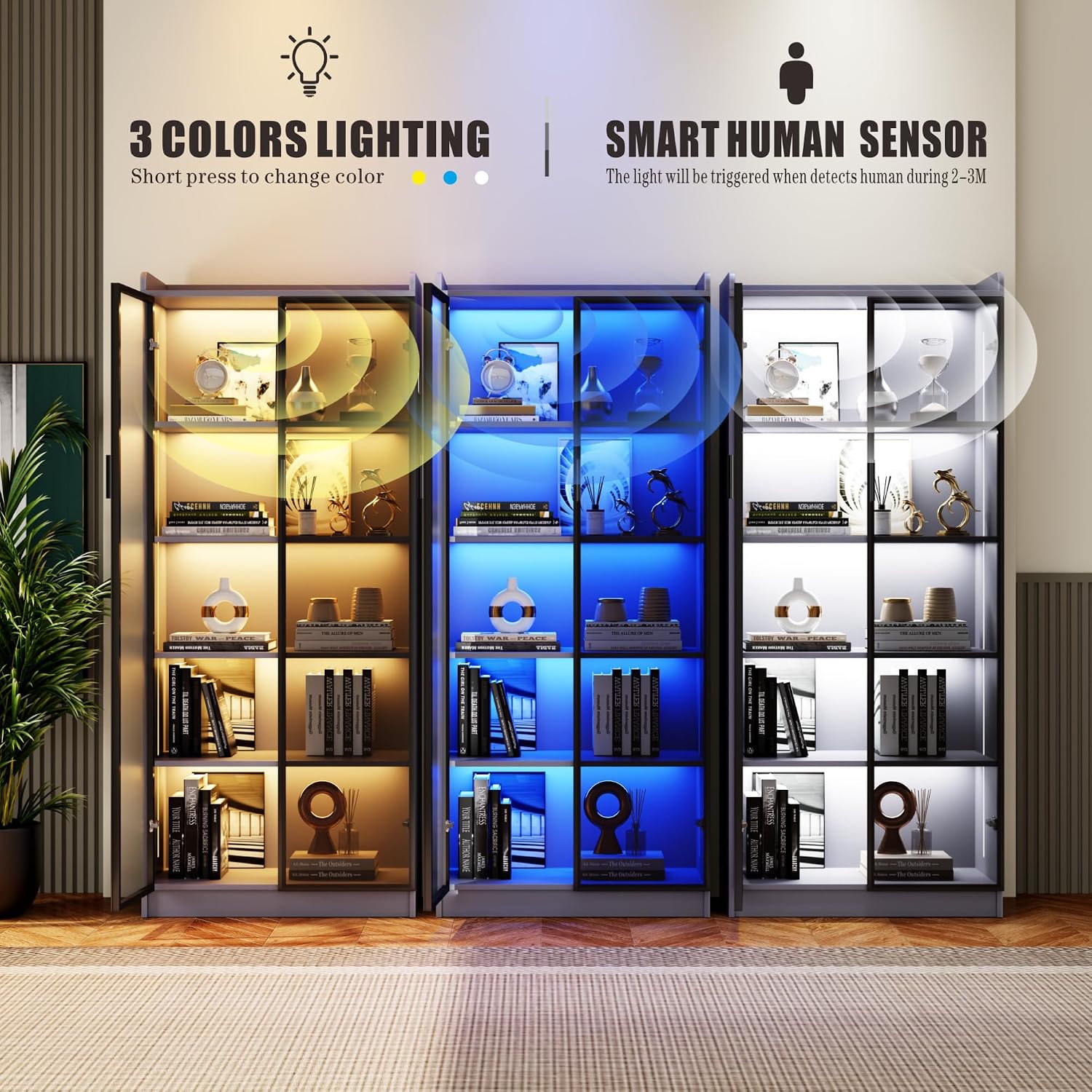 Dystler 65' Tall Display Cabinet with Doors, Lighted Bookcase with Lights/Human Sensor, 5 Tier Display Case with Adjustable Shelves for Collectibles Bedroom Living Room Office, Grey-Smoked Black Door