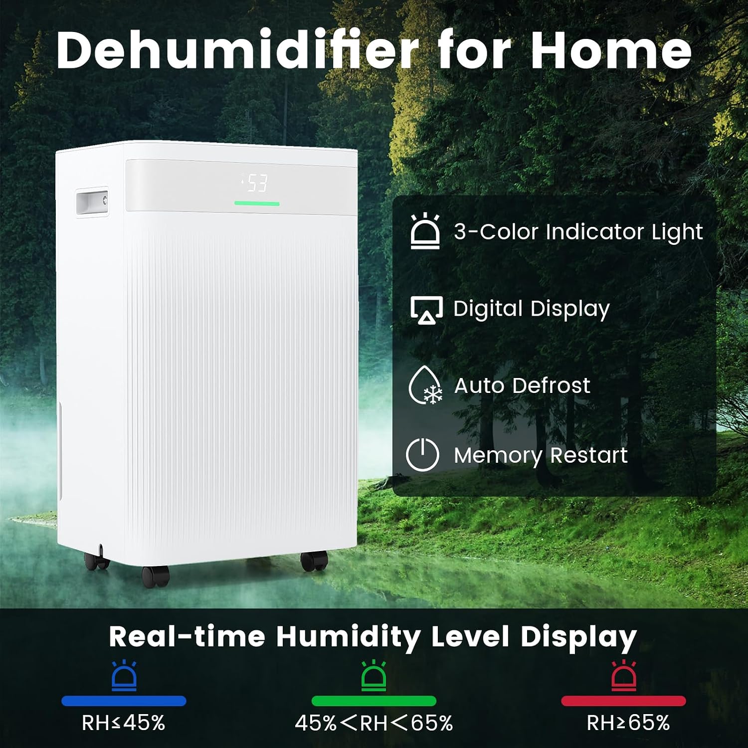COSTWAY 54 Pints Dehumidifier for Basement, 4500 Sq.Ft Dehumidifier with 3 Modes, LED Display, 3-Color Indicator Light, 24H Timer, Child Lock, Drain Hose & Auto Defrost for Bathroom Bedroom