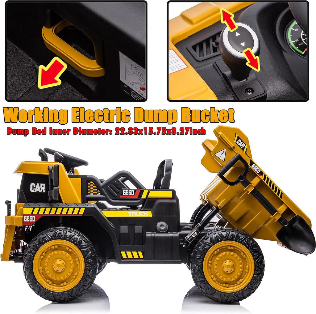 NEWQIDA Ride on Dump Truck, 12V Kids Electric Car with Remote Control for Toddlers Ride on Construction Vehicles with Electric Dump Bed/Shovel, 19' Spacious Seat, Soft Start, Music, Bluetooth, Yellow