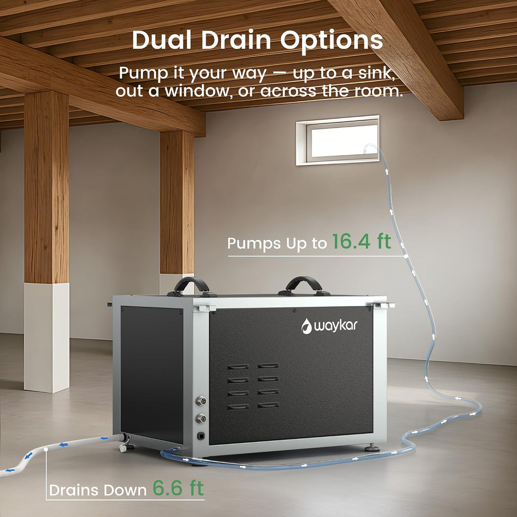 Waykar 125 Pints Crawl Space Dehumidifier with Remote Control and Pump, Dual Duct HVAC Commercial Whole-House Dehumidifier for Basement, Industrial Water Damage Unit - 5-Year Quality Coverage