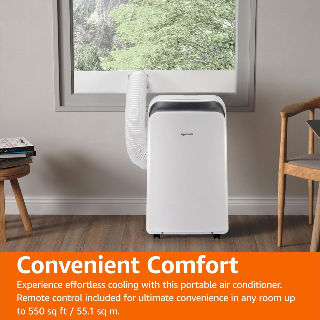 Amazon Basics 4-In-1 Portable Air Conditioner with Remote, Timer, Sleep Mode, Auto Swing, Cool/Heat/Dry/Fan-Only Functions, 13500 BTU (ASHRAE), Cools Up to 550 Sqf, Energy Saving, White