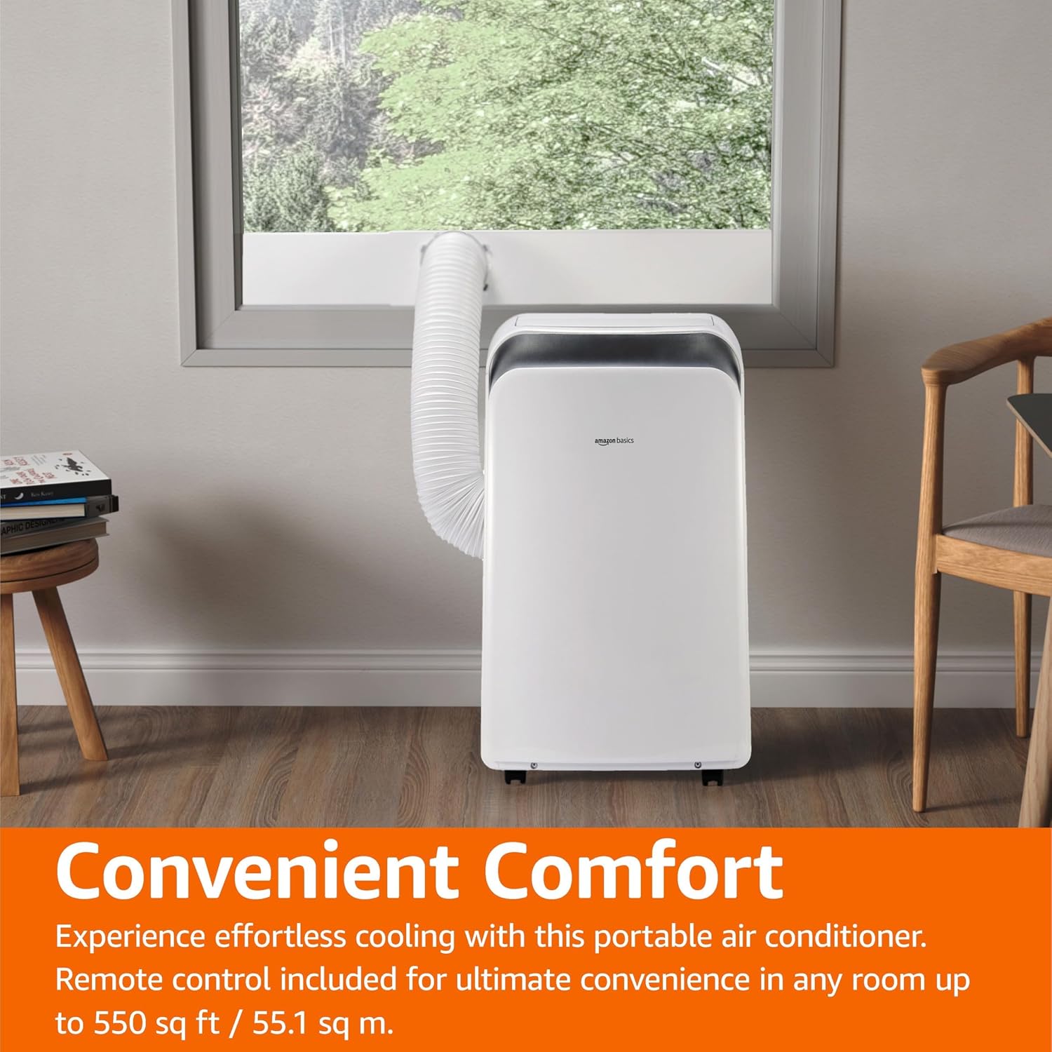 Amazon Basics 4-In-1 Portable Air Conditioner with Remote, Timer, Sleep Mode, Auto Swing, Cool/Heat/Dry/Fan-Only Functions, 13500 BTU (ASHRAE), Cools Up to 550 Sqf, Energy Saving, White