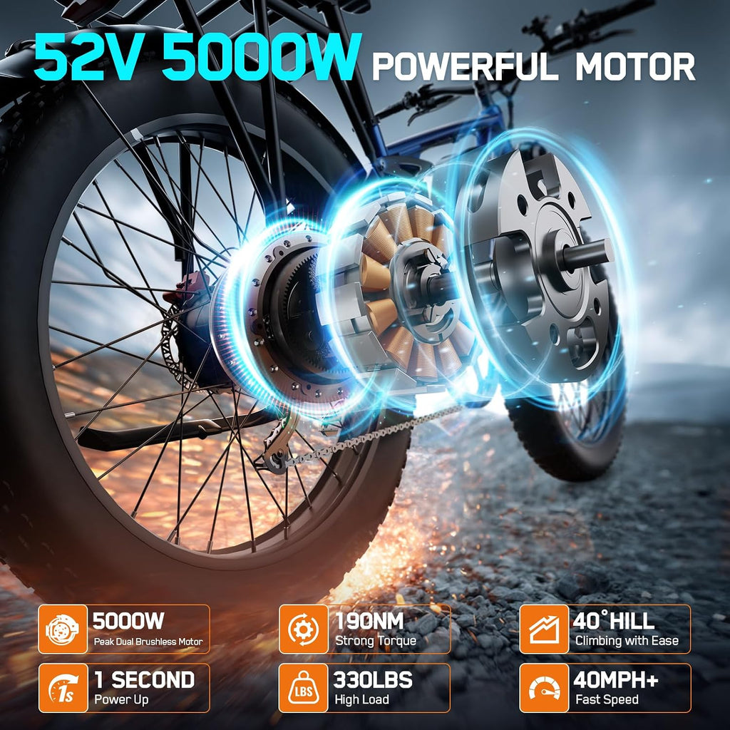 5000W Electric Bike for Adults, 45MPH Dual Motor Ebike 52V 23AH 1196WH E Bike 100 Miles Long Range Bicycle Full Suspension 26' Fat Tire Off Road for Men Dual Hydraulic Disc Brake Ebike