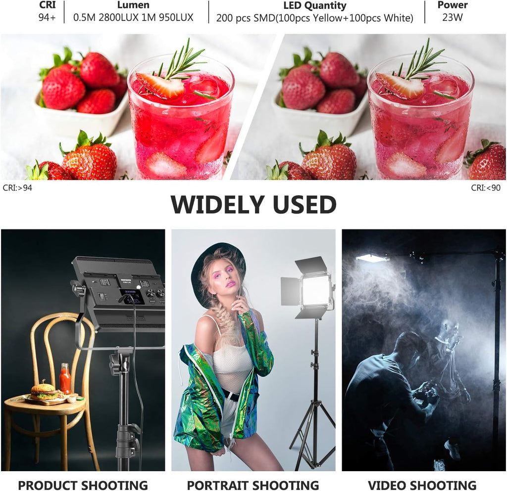 Neewer 2-Pack 2.4G LED Video Light with 2M Stand Bi-Color 200 SMD CRI 96+/U-Bracket/Barndoor/LCD Display Video Lighting Kit for Studio Photography, Remote/Case Included