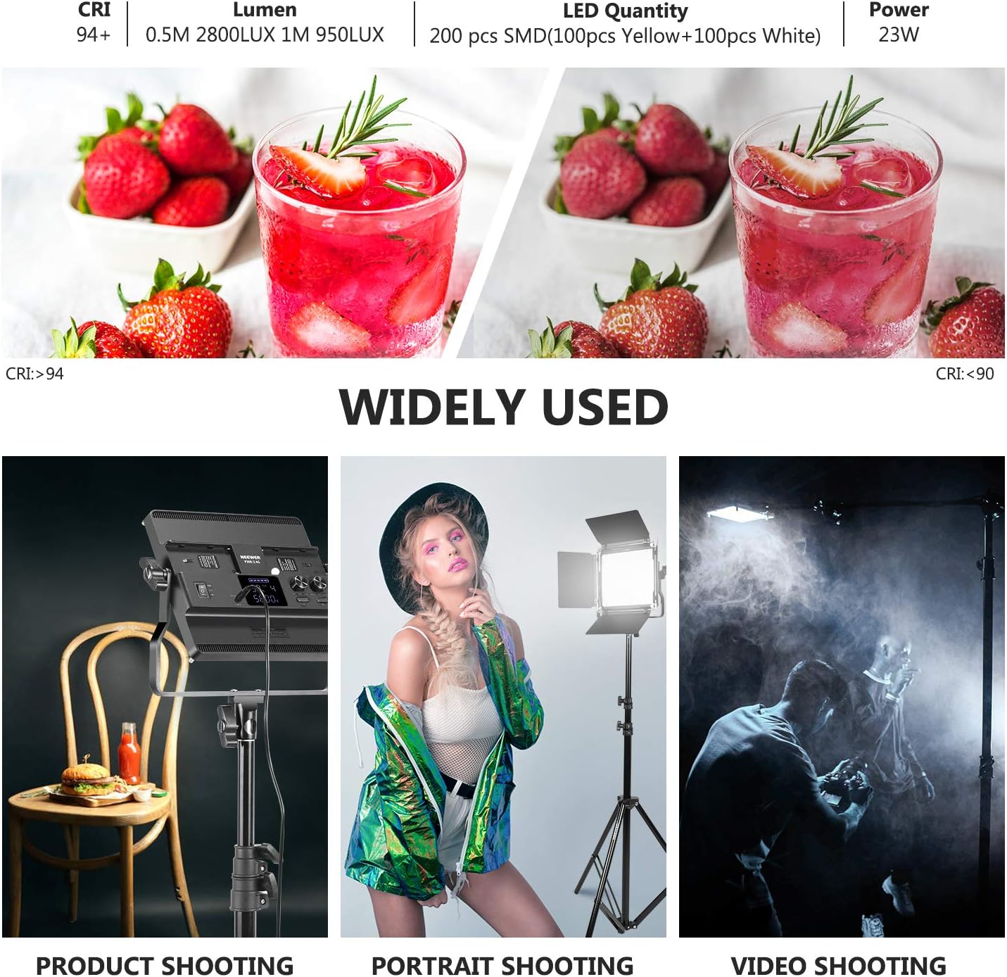 Neewer 2-Pack 2.4G LED Video Light with 2M Stand Bi-Color 200 SMD CRI 96+/U-Bracket/Barndoor/LCD Display Video Lighting Kit for Studio Photography, Remote/Case Included