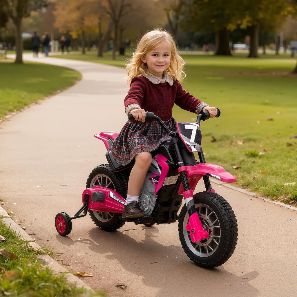 12V Kids Motorcycle w/Treaded Tires, 3.1mph Top Speed Electric Bike for Kids, Training Wheels, Music & Bluetooth, Spring Suspension, Age 3-8 Year Old, Pink