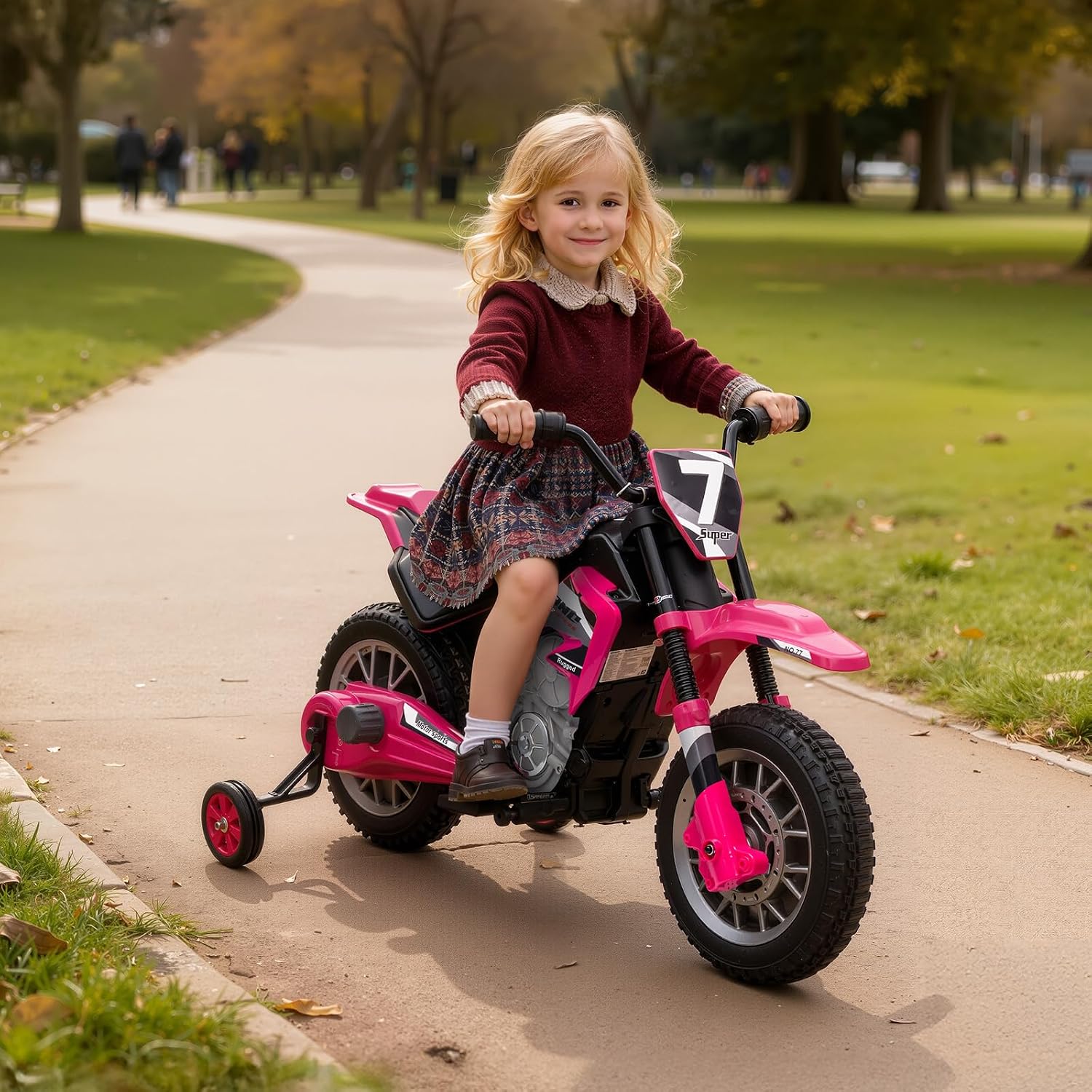 12V Kids Motorcycle w/Treaded Tires, 3.1mph Top Speed Electric Bike for Kids, Training Wheels, Music & Bluetooth, Spring Suspension, Age 3-8 Year Old, Pink