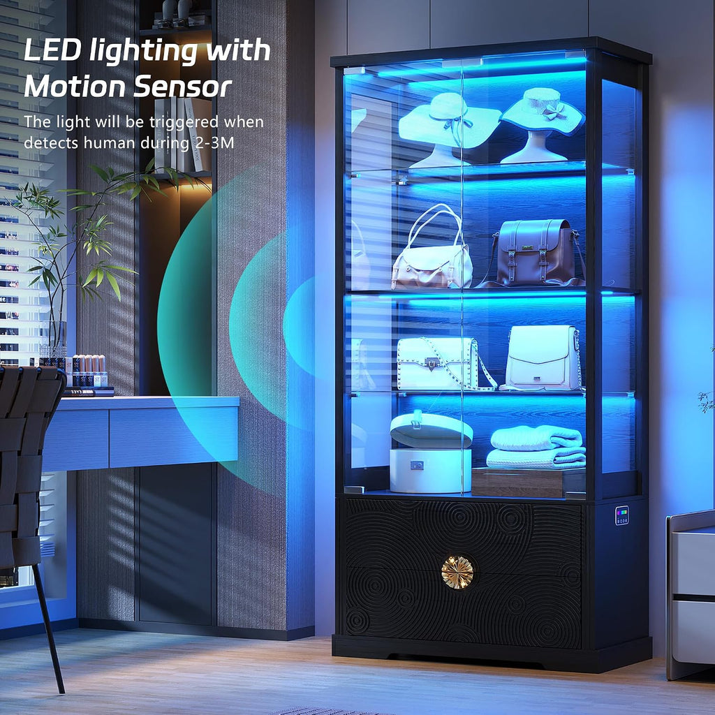 TAGELIER RGB Glass Display Cabinet with Door, 4-Tier Curio Cabinet with 2 Drawers and Adjustable Glass Height Showcase, Display Case with 3 LED Light and Human Body Sensor, Black